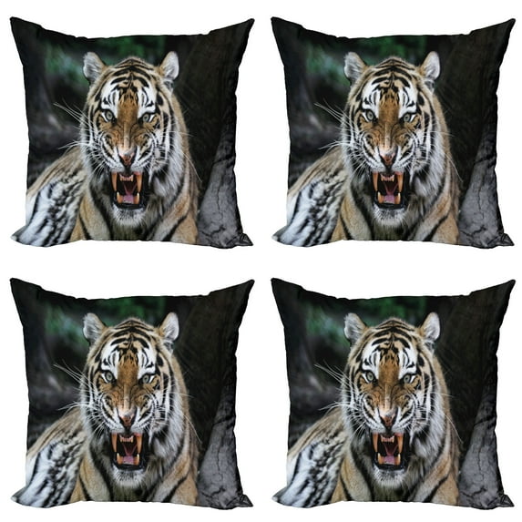 Ambesonne African Throw Pillow Cover 4 Pack, Roaring Tiger Wildlife, 20", Multicolor