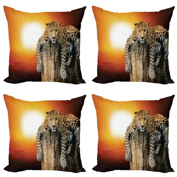 Ambesonne African Throw Pillow Cover 4 Pack, Savannah Leopard on Tree, 20", Orange Brown