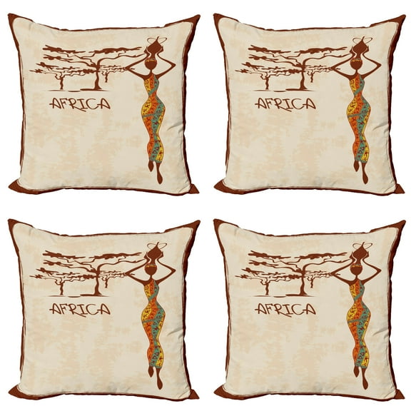 Ambesonne African Throw Pillow Cover 4 Pack, Slim Vintage Girl, 24", Multicolor