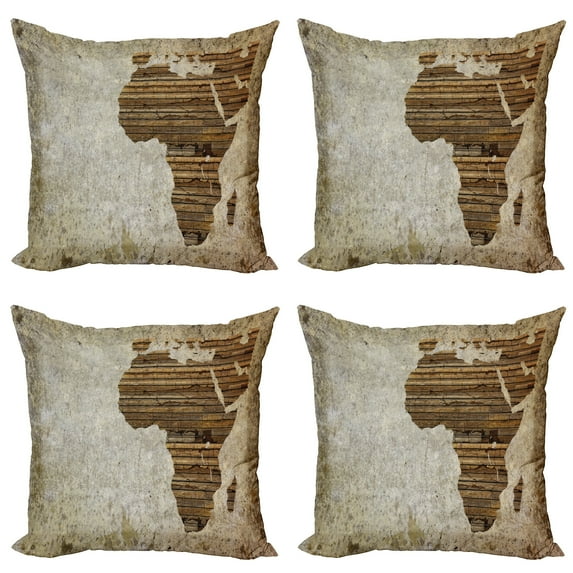 Ambesonne African Throw Pillow Cover 4 Pack, Wooden Plank Map, 20", Tan Umber and Brown