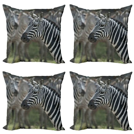 Ambesonne African Throw Pillow Cover 4 Pack, Zebra in Serengati Park, 16", Reseda Green White Black