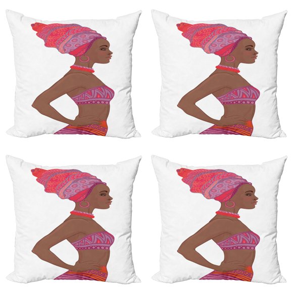 Ambesonne African Throw Pillow Cover 4 Pack, Zulu Woman Bandage Dress, 24", Dark Coral Chocolate