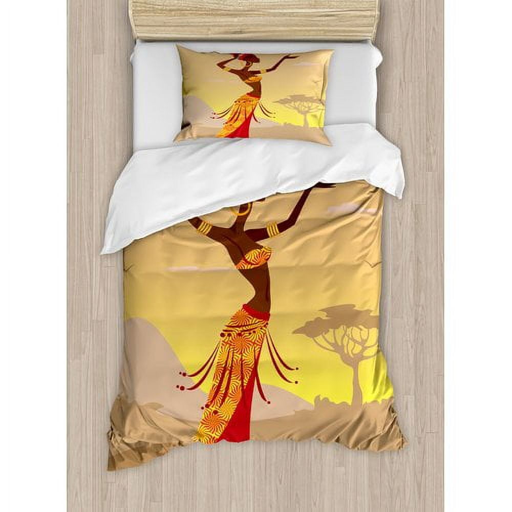 Twin Yellow Polyester African Woman Print Duvet Cover Set