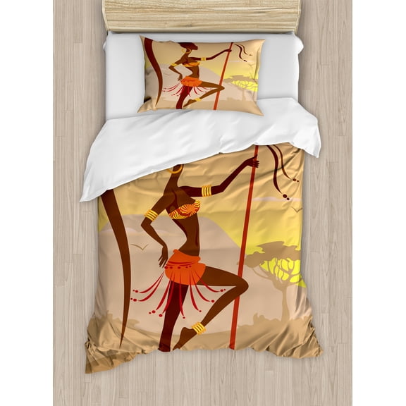 Ambesonne Afro Duvet Cover Set, Ethnic Lady Warrior Savannah, Twin, Brown and Cocoa