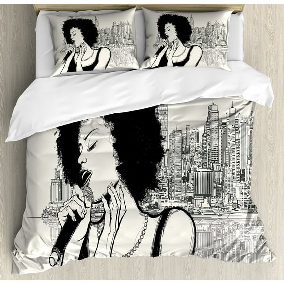 Ambesonne Afro Duvet Cover Sets, American Lady Jazz Musician, 2-Queen, Black Grey and Ivory