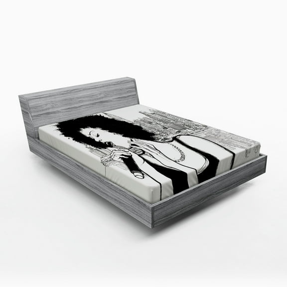 Ambesonne Afro Fitted Sheet, American Lady Jazz Musician, Queen Size, Black Grey and Ivory