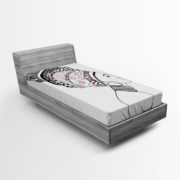 Ambesonne Afro Fitted Sheet, Exotic Savannah Boho Folk Art, Twin Size, White and Grey