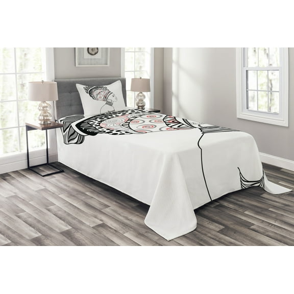 Ambesonne Afro Quilted Bedspread Set 2 Pcs, Exotic Savannah Boho Folk Art, Twin Size, White and Grey