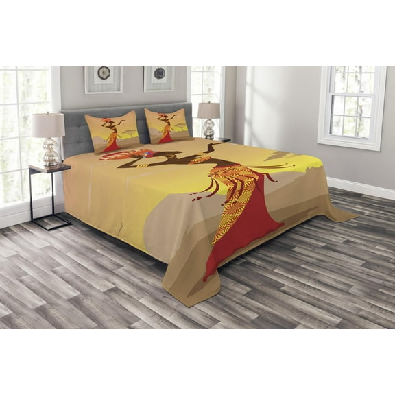 Ambesonne Afro Quilted Bedspread Set 3 Pcs, Desert Gulls Folkloric, King Size, Amber Tan
