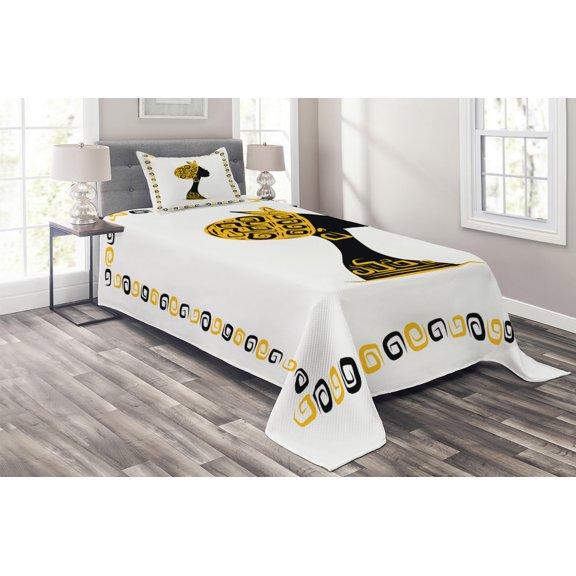 Ambesonne Afro Quilted Coverlet 2 Pcs, Female Head Portrait, Twin Size, Black Earth Yellow