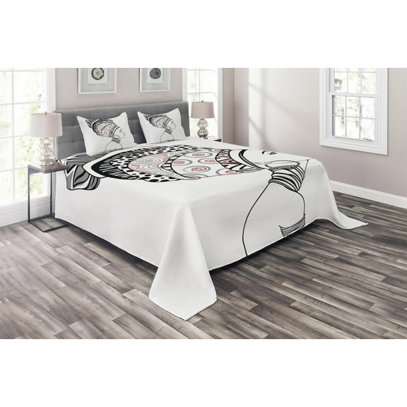 Ambesonne Afro Quilted Coverlet 3 Pcs, Exotic Savannah Boho Folk Art, King Size, White and Grey