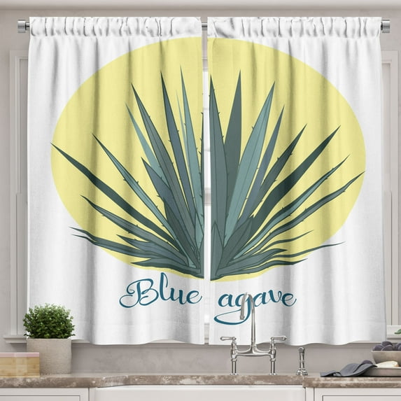 Ambesonne Agave Kitchen Curtains, Art Print of Tropical Plant, 55"x45", Pale Yellow Pale Teal