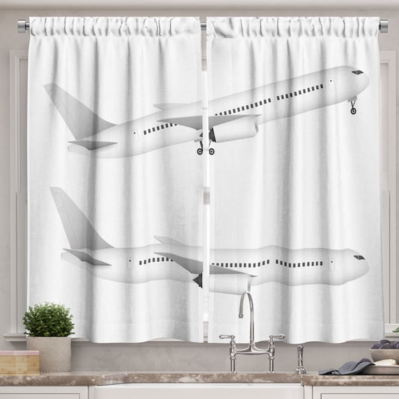 Ambesonne Aircraft Kitchen Curtains, Digital Drawing Airplanes, 55"x24", White and Pearl