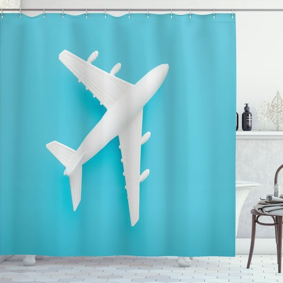 Ambesonne Aircraft Shower Curtain, Airplane on Aquatic Back, 69"Wx75"L, Aqua Off White