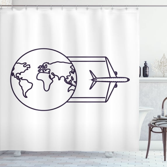 Ambesonne Aircraft Shower Curtain, Earth and Flying Plane, 69"Wx84"L, Dark Purple and White