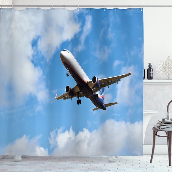 Ambesonne Aircraft Shower Curtain, Flying Airline Plane Cloud, 69"Wx70"L, Deep Sky Blue and Coconut