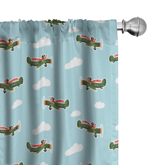 Ambesonne Airplane Window Curtains, Doggies Driving Aircraft, Each 28" W x 84" L, Olive Green Pale Blue