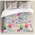 thumbnail image 1 of Ambesonne Airplane Duvet Cover Set, Passport Stamps Cities, Queen, Eggshell and Pink, 1 of 3
