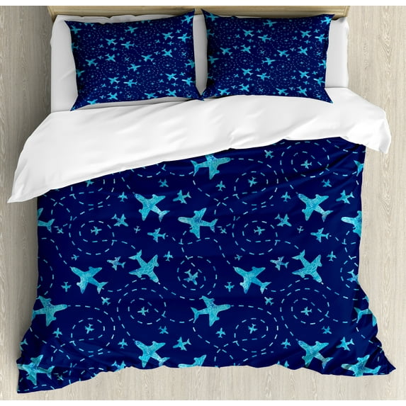 Ambesonne Airplane Duvet Cover Sets, Monochrome Traces Scene, 2-Queen, Indigo and Sky Blue