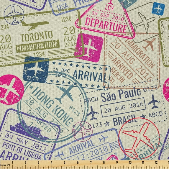 Ambesonne Airplane Fabric by the Yard Microfiber, Passport Stamps Cities, 10 Yards, Eggshell and Pink