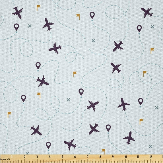 Ambesonne Airplane Fabric by the Yard Microfiber, Travel Wanderlust Sky Map, 3 Yards, Pale Blue Plum Amber