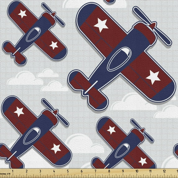 Ambesonne Airplane Fabric by the Yard Upholstery, Grid Inspired Background, 3 Yards, Dark Sky Blue Burgundy