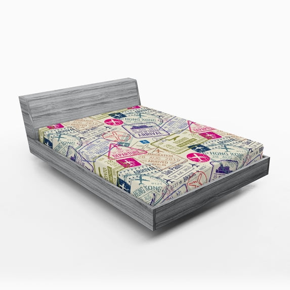 Ambesonne Airplane Fitted Sheet, Passport Stamps Cities, Full Size, Eggshell and Pink