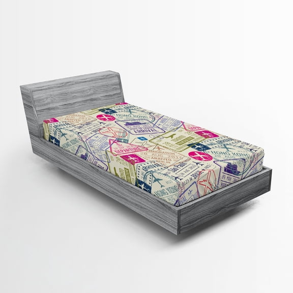 Ambesonne Airplane Fitted Sheet, Passport Stamps Cities, Twin Size, Eggshell and Pink