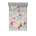 thumbnail image 1 of Ambesonne Airplane Fitted Sheet & Pillow Sham Set, Passport Stamps Cities, Queen, Eggshell and Pink, 1 of 2