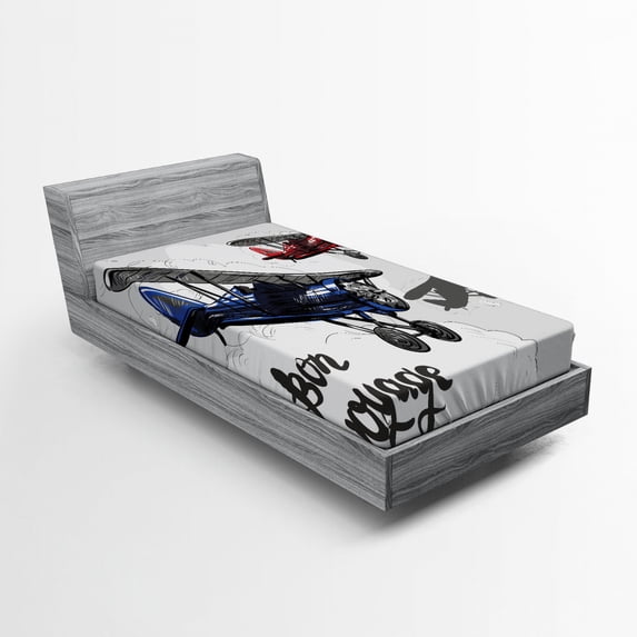Ambesonne Airplane Fitted Sheet, Retro Bon Voyage, Twin Size, Blue Red Grey