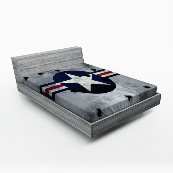 Ambesonne Airplane Fitted Sheet, Star on Round Circle, Full Size, Red Grey Blue