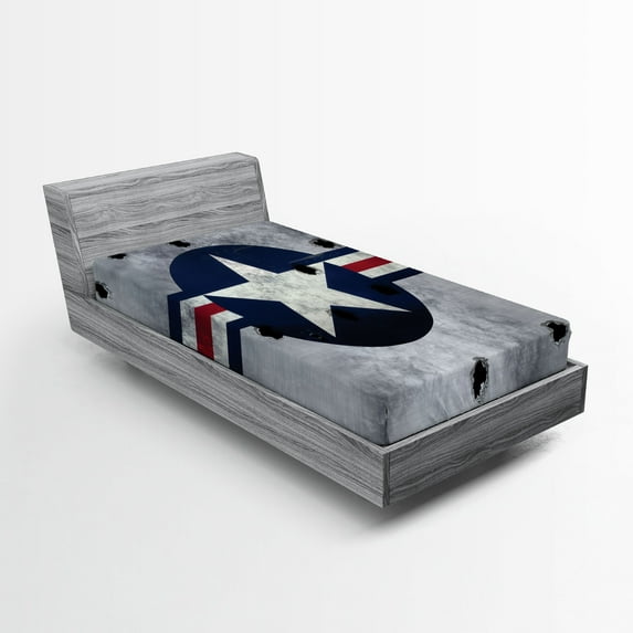 Ambesonne Airplane Fitted Sheet, Star on Round Circle, Twin XL Size, Red Grey Blue