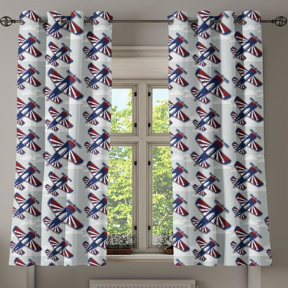 Ambesonne Airplane Grommet Curtain, Airships Above Clouds, 50" x 54", Navy Blue Red White