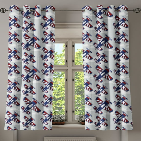 Ambesonne Airplane Grommet Curtain, Airships Above Clouds, 50" x 63", Navy Blue Red White