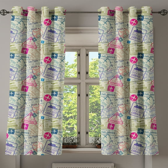 Ambesonne Airplane Grommet Curtain, Passport Stamps Cities, 50" x 54", Eggshell and Pink