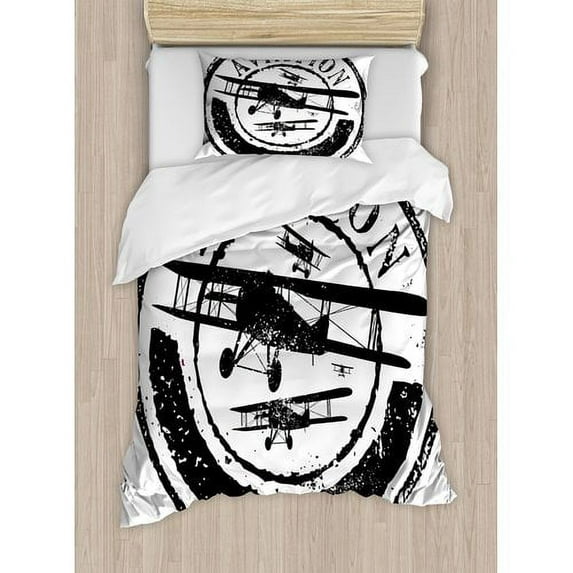 Ambesonne Airplane Grunge Stamp Design with Word Aviation Duvet Cover Set
