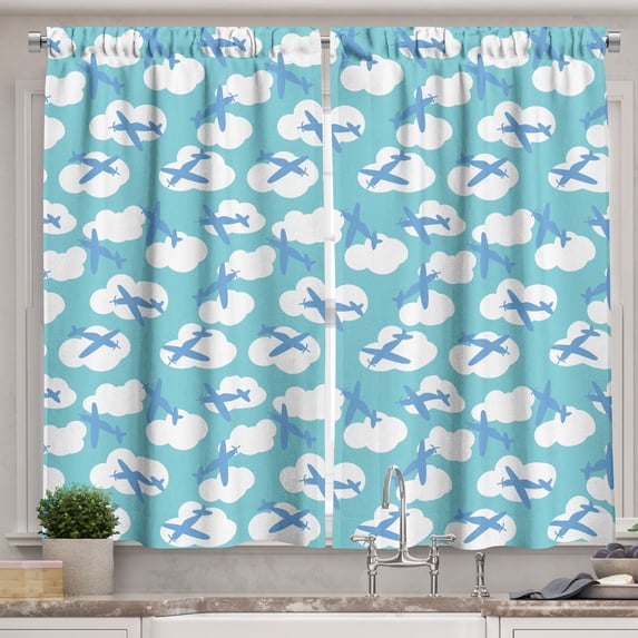 Ambesonne Airplane Kitchen Curtains, Boy Playroom, 55"x39", Turquoise White Blue
