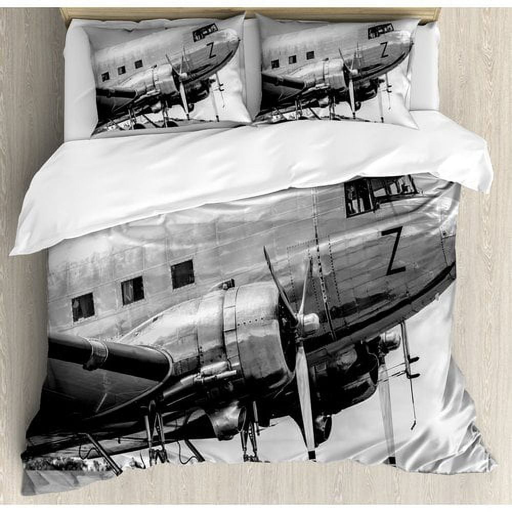 Vintage Airplane Gray and Black Microfiber Queen Duvet Set