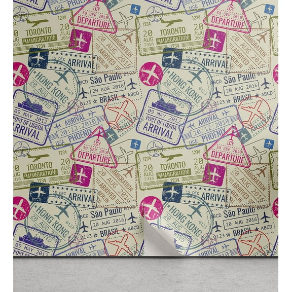 Ambesonne Airplane Peel & Stick Wallpaper for Home, Passport Stamps Cities, 13"x72", Eggshell and Pink