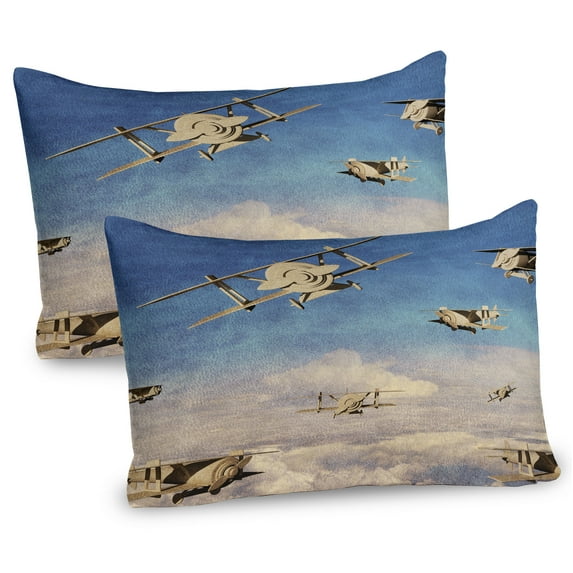 Ambesonne Airplane Pillow Sham 2 Pack, 3D Retro Biplanes, 26"x20", Blue Tan and Cream