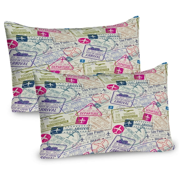 Ambesonne Airplane Pillow Sham 2 Pack, Passport Stamps Cities, 26"x20", Eggshell and Pink