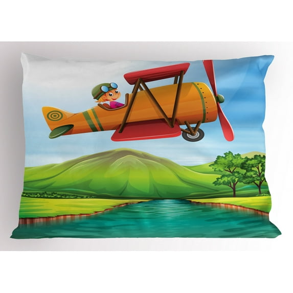 Ambesonne Airplane Pillow Sham, on a Biplane River, 36" X 20", Multicolor