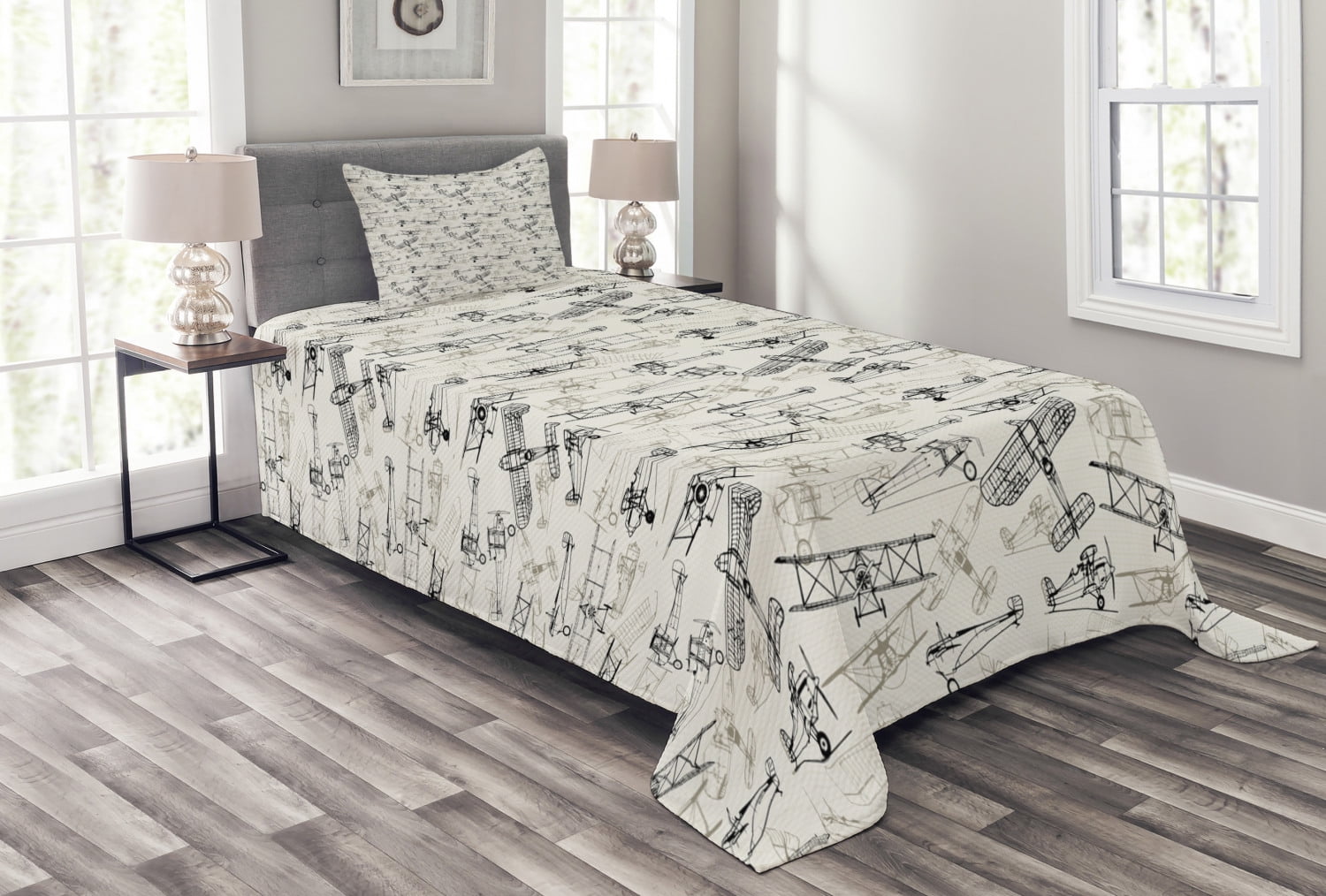 White Twin Quilted Bedspread Set with Airplane Design