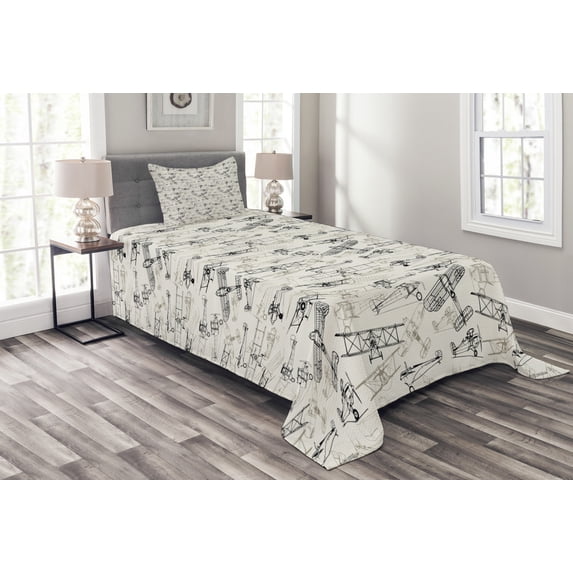 Ambesonne Airplane Quilted Bedspread Set 2 Pcs, Retro Planes, Twin Size, Olive Green Tan