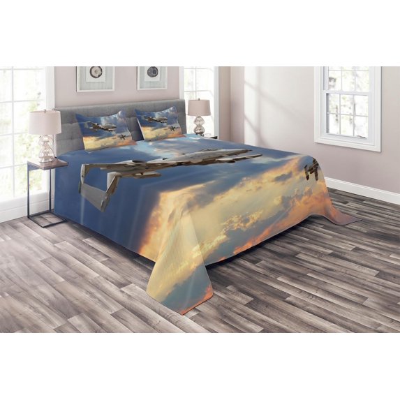 Ambesonne Airplane Quilted Coverlet 3 Pcs, Aviataion Theme Design, Queen Size, Blue Grey