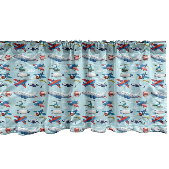 Ambesonne Airplane Window Valance, Different Types of Cartoon Aircraft Floating in Blue Sky with Sky Diving People, Curtain Valance for Kitchen Bedroom Decor with Rod Pocket, 54" X 18", Multicolor
