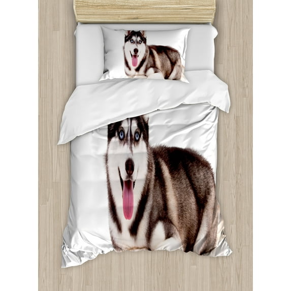 Ambesonne Alaskan Malamute Duvet Cover Sets, Funny Siberian, 2-Twin, Brown Cream White