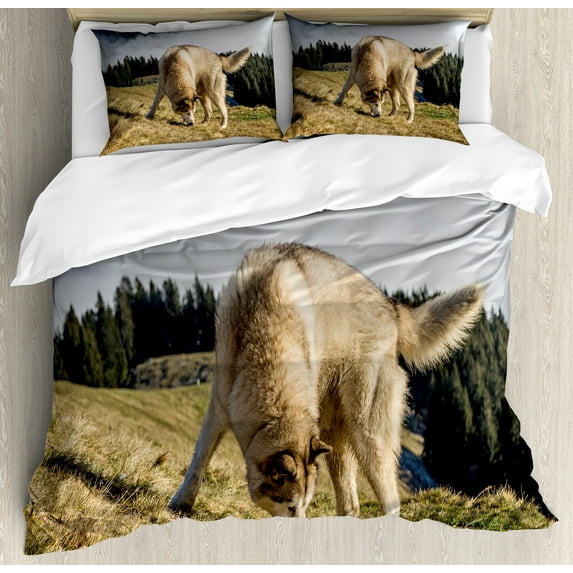 Ambesonne Alaskan Malamute Duvet Cover Sets, Purebred Dog, 2-Queen, Dark Green Pale Brown