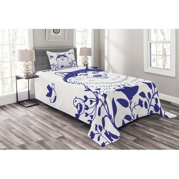 Ambesonne Alaskan Malamute Quilted Bedspread Set 2 Pcs, Blooming Field, Twin Size, Blue White