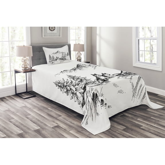 Ambesonne Alaskan Malamute Quilted Bedspread Set 2 Pcs, Winter Woods, Twin Size, Black and White